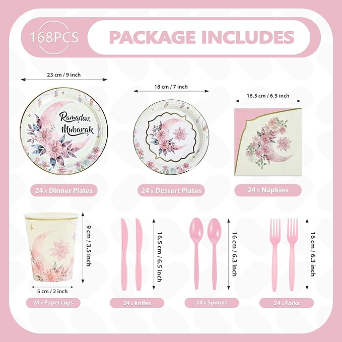 168Pcs Eid Ramadan Decorations for Home Pink Watercolor Flower Lantern Moon Plates and Napkins Cups Islamic Mubarak Decor Tableware Set for Eid al-Fitr al-Adha Festival Home Party Supplies Serves 24