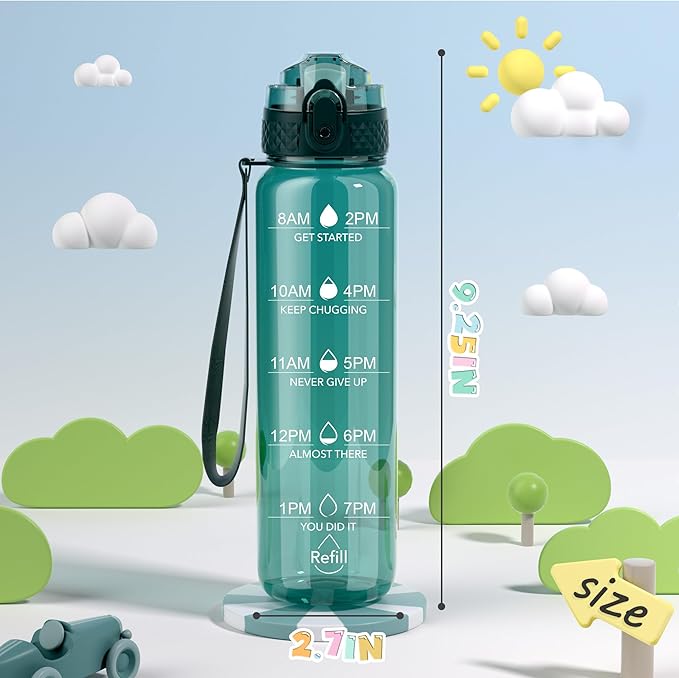 OLDLEY 17oz Kids Water Bottle for school Girls Boys, Motivational Water Bottles With Silicone Straw, Leak-Proof Tritan BPA-Free, Reusable water bottles for kids, Trout Green