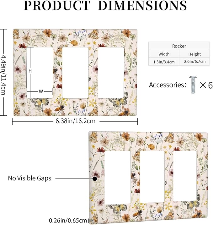 Vintage Butterflies Triple Rocker Wall Plates Colorful Wildflower Light Switch Plate Covers Decorative Cute Bees GFCI Lightswitch Faceplate Beige Flower Leaves Dimmer Decor for Bedroom Kidroom