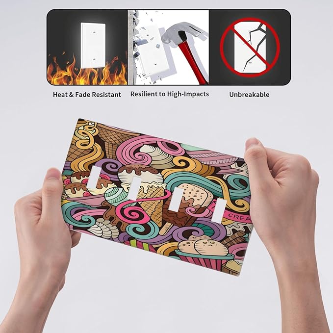 Cartoon Hand Drawn Ice Cream Doodles Colorful Print Light Switch Covers Quad Toggle Electrical Faceplate 4 Gang Wall Plate Decorative Switch Plates Cover for Kids Room Nursery Decor