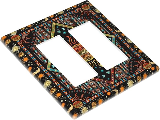 Outlet Covers Boho Burning Sun Hippie Retro Bohemian Gypsy 2 Gang Wall Plate Double Rocker Light Switch Cover Decorative GFCI Receptacle Cover Electrical Switchplate for Bathroom Home Decor