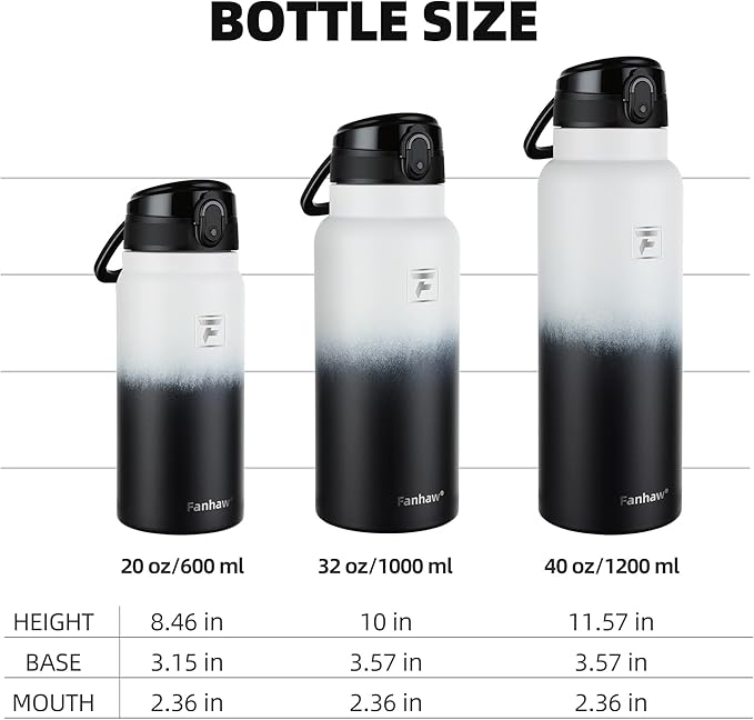 Fanhaw 40 Oz Insulated Stainless Steel Water Bottle with Chug Lid – Wide Mouth, Leak-Proof, BPA-Free – Ideal for Kids, Adults, Sports, Gym, and Outdoor Use (White Black)
