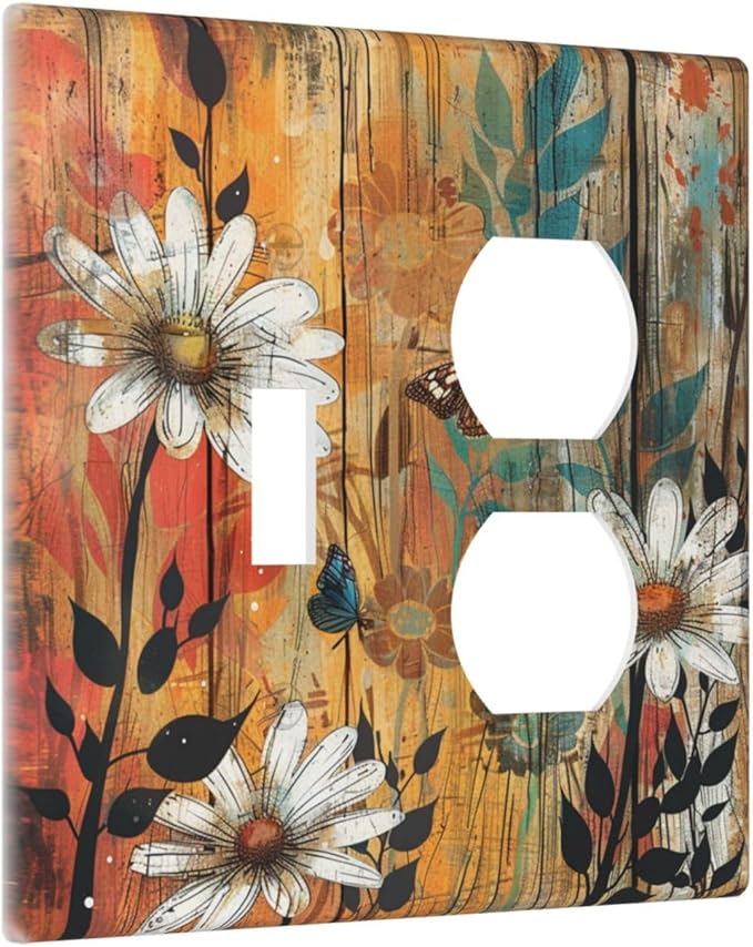 Light Switch Cover Plate Vintage Wooden Daisies Butterflies Floral 2 Gang Decorative Switch Plates 1 Toggle Duplex Combo Outlet Covers GFCI Wall Plates for Bathroom Farmhouse Decor