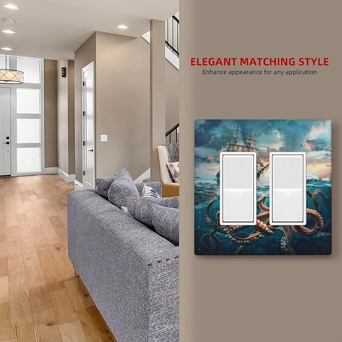 Light Switch Cover Plate Sailboat Ship Octopus Ocean Sea Waves 2 Gang Double Rocker Outlet Covers Decorative Switch plates Electrical Wall Plates GFCI Receptacle for Bathroom Bedroom Decor