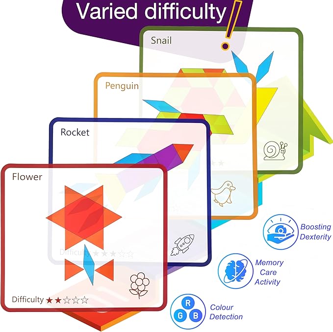 Memory Care Activities for Seniors, Wooden Cognitive Games for Elderly, 80 Pieces Tangram Puzzles for Alzheimer and Dementia Patients, Large Wooden Colorful Shape Pattern Matching Board Gifts (Easy)