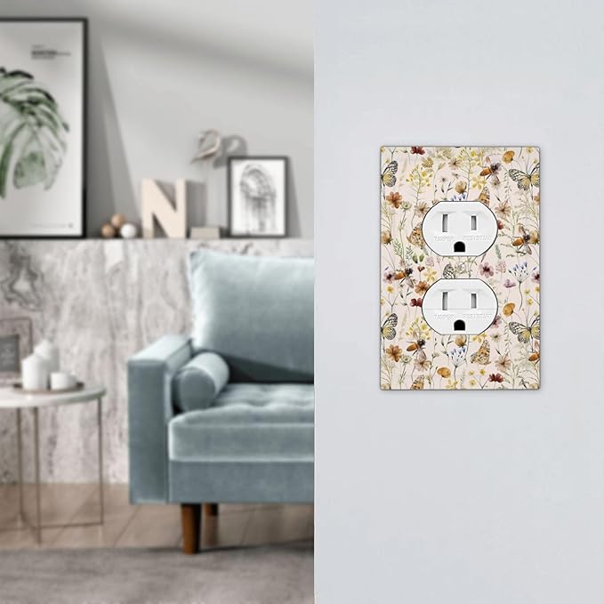 Vintage Butterflies 1 Gang Outlet Plate Duplex Decorative Colorful Wildflower Art Outlet Covers Cute Bees Electrical Receptacle Lightswitch Faceplate Beige Flower Leaves Dimmer Decor