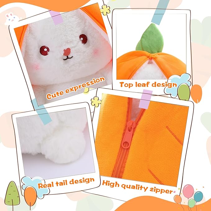 MIAODAM Reversible Carrot Bunny Stuffed Animal, Carrot Rabbit Ears Zip Plush Stuffed, Fruit Bunny Plush, Fluffy Rabbit Plushies Funny Hide Seek Bunny Toy for Girls Gifts Girlfriend