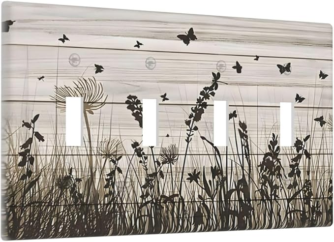 Wildflower Butterfly Grass Dandelion Vintage Wooden Print Light Switch Covers Quad Toggle Electrical Faceplate 4 Gang Wall Plate Decorative Switch Plates Cover for Farmhouse Home Decor