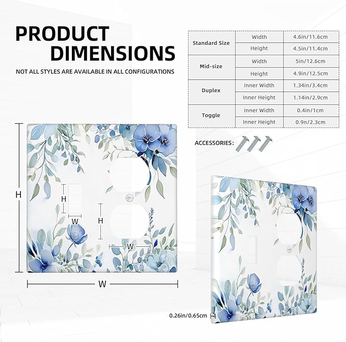 Watercolor Blue Flower Plant Floral Green Leaves Wallplates 1 Toggle 1 Duplex Switch Plate Electrical GFCI Faceplate Decorative Light Switch Covers for Bedroom Living Room Decor