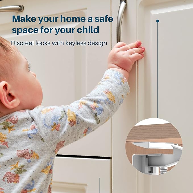 Inaya Cabinet Locks Child Safety Latches (Pro Extended) - Baby Proofing Cabinets & Drawers Locks - Child Proof Your Home - No Drilling & No Tools Required! (12 Pack)