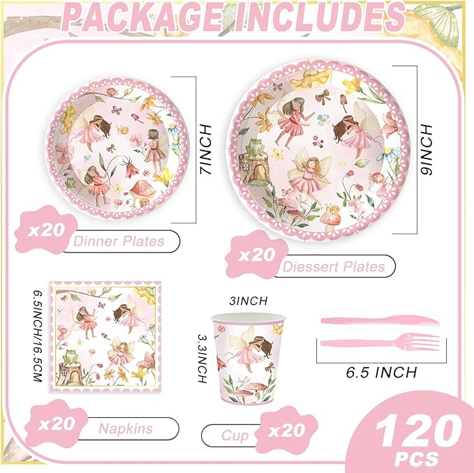120PCS Fairy Party Supplies for Girls 1st 2rd First Birthday Fairies Enchanted Themed Baby Shower Party Decorations Garden flower Tableware Set Paper Plates Napkins Forks for 20 Guests