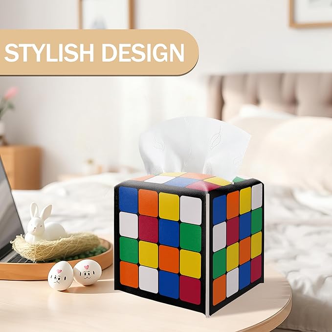 Funny Tissue Box Cover, Magic Cube Tissue Box Cover PU Leather Square, Decorative Facial Paper Organizer for Bathroom, Vanity, Home Office Car Decorations