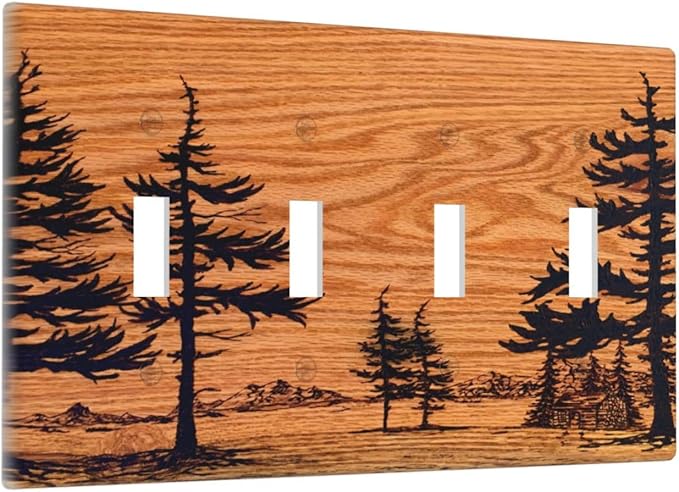 Pine Forest Natural Scenery Silhouette Wood Grain Light Switch Covers Quad Toggle Electrical Faceplate 4 Gang Wall Plate Decorative Switch Plates Cover for Farmhouse Home Decor