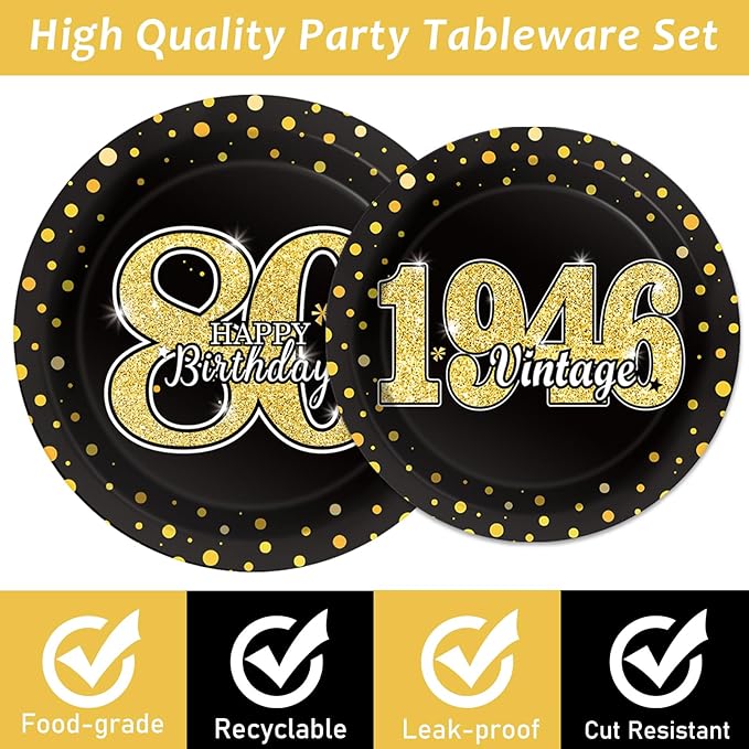96PCS 80th Theme Birthday Party Tableware Vintage 1946 Party Supplies 80 Year Old Birthday Decorations Plates Napkins Forks Black and Gold Dinnerware Favors for Men or Women