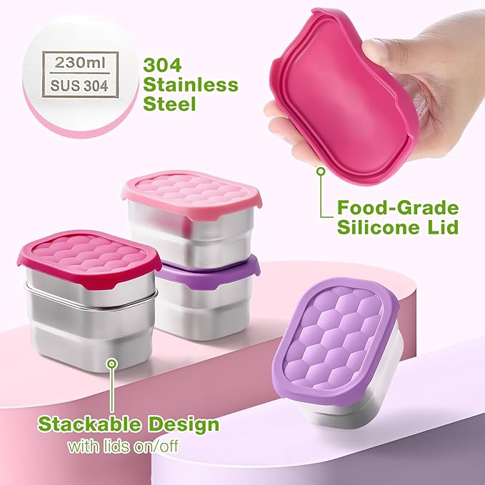 Gencywe 3 Pack Stainless Steel Snack Containers for Kids, 8 oz Easy Open Leak Proof Small Toddler Snack Containers with Silicone Lids, Stackable Metal Lunch Box for Daycare and School (Pink)