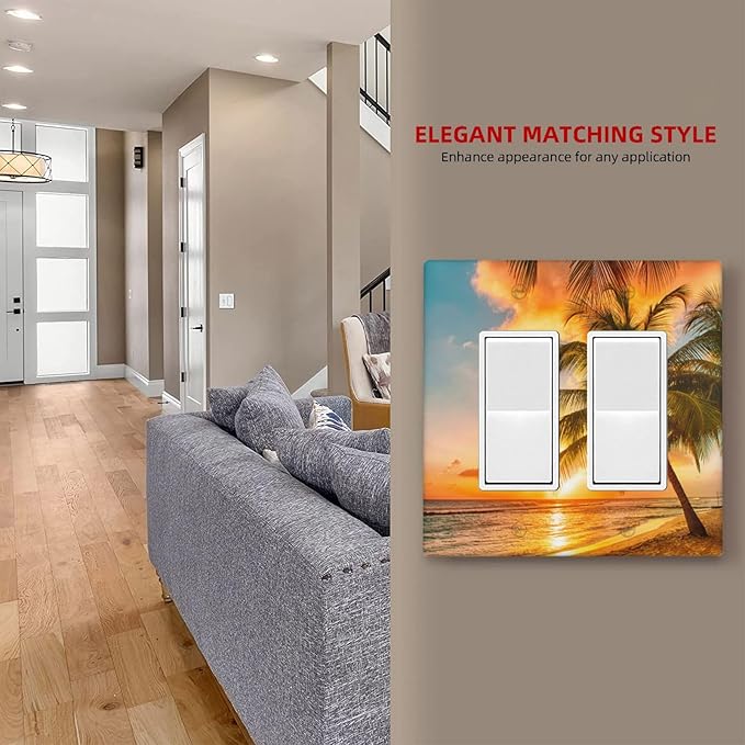 Hawaii Coastal Beach 2 Gang Rocker Decora Light Switch Covers Decorative Palm Tree Sunset Ocean Outlet Covers Wall Plate Electrical Faceplate Switchplate GFCI for Bathroom Bedroom Decor