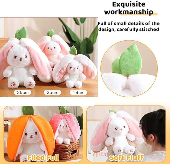2PCS Bunny Plush Doll Toy Pillow, Reversible Carrot Strawberry Stuffed Animal with Zipper, Cute Rabbit Decoration for Kids & Adult Birthday Party Gift (10'' Strawberry+Carrot) (KP307)