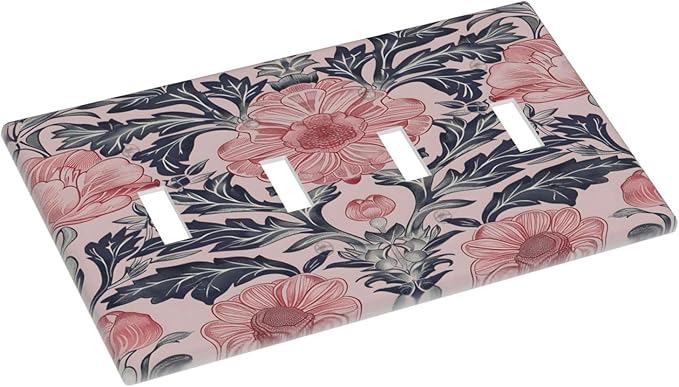 Pink Floral Vintage Botanical Boho Flower Light Switch Covers Quad Toggle Electrical Faceplate 4 Gang Wall Plate Decorative Switch Plates Cover for Farmhouse Home Decor