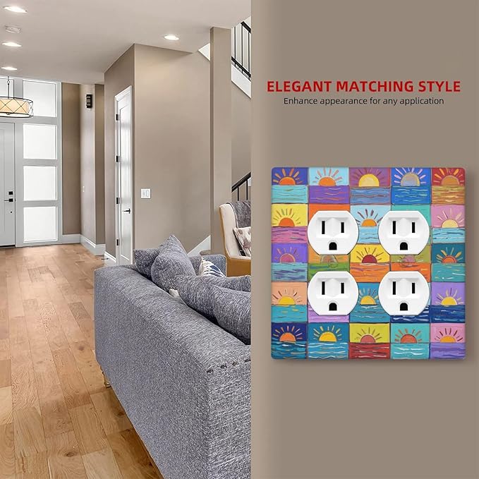 Sunrise Double Duplex Receptacle Outlet Cover Wall Plate Decorative 2 Gang Light Switch Covers Electrical Switchplate Home Decorate Faceplat for Bathroom Bedroom Kitchen Room 4.5 x 4.5 Inch