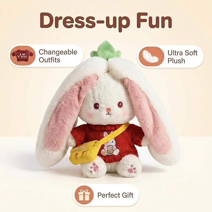 5Pcs Bunny Plush with Clothes & Accessories, Cute Bunny Stuffed Animal Reversible, Strawberry Carrot Bunny Transformed Rabbit Plush Zipper Soft Doll Easter Birthday Party Gift (5PCS Set Strawberry)