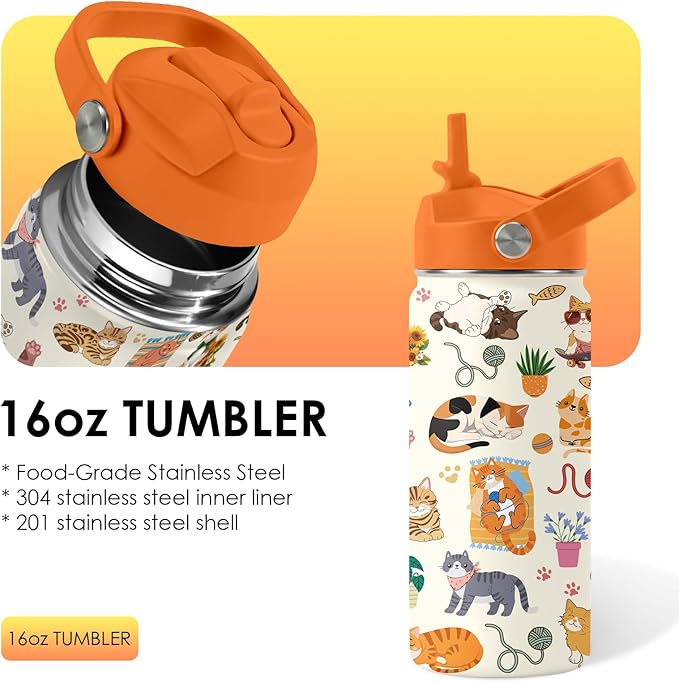 Cat Gifts for Kids - 16 Oz Orange Cat Water Bottle with Straw Lid, Stainless Steel Insulated Tumbler, Leak Proof, for Boys & Girls, School, Travel - Funny Cats Lovers Children Birthday Gifts Cups(1pc)