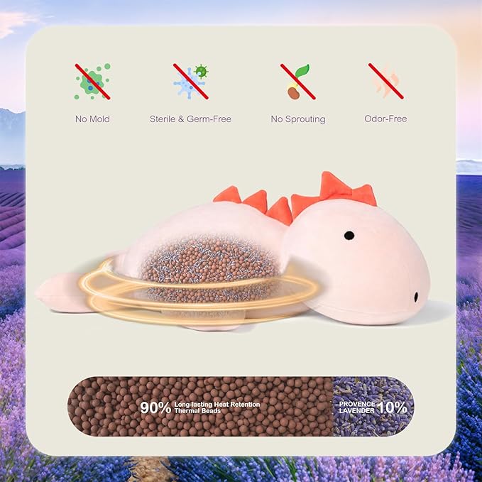 OSOCU® Microwavable Heating Pad Pink Stegosaurus Plush - 1.4 Lb Weighted Stuffed Animal Toy with Tourmaline Beads & Lavender - 16" Squished Long Dinosaur Pillow - Lumbar Back Cushion Lasting Warmth