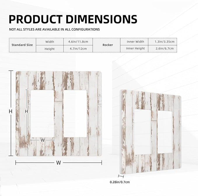White Grey Wood 2 Gang Double Rocker/Decor Light Switch Cover Decorative Outlet Wall Plate Electrical Faceplate Home Bedroom Art Panel Decor Screwless 4.7" x 4.6