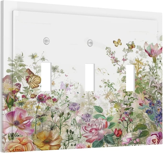 Decorative Switch Plates Boho Wildflower Colorful Floral Butterfly 3 Gang Wall Plate Triple Toggle Light Switch Cover Faceplate Electrical Wall Panels For Bed Room Living Room Decor