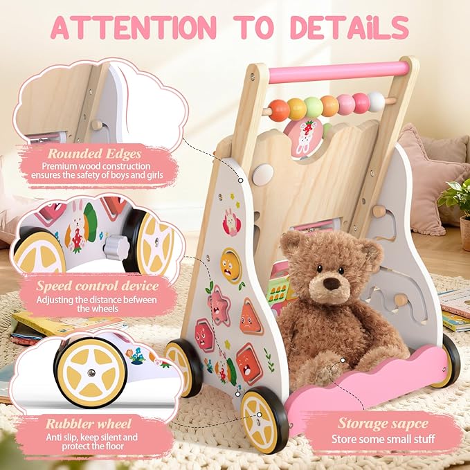 Wooden Baby Walker, Push Walker with Wheels, Montessori Activity Center Walker for Toddlers 12+ Months, Adjustable Height & Speed Learning Walking Toy for 1 Year Old Boys and Girls (Pink)