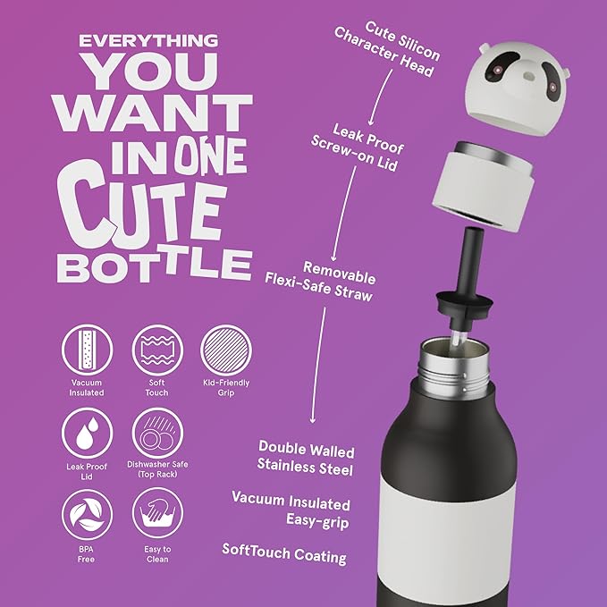 asobu Bestie Bottle Insulated Stainless Steel Water Bottle with Detachable Soft Animal Head Fun Drinking For Kids and Teens with Flexible Reusable Straw 16 Ounce (Panda)