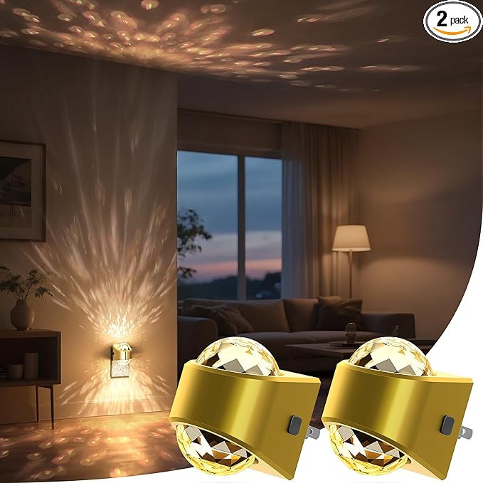 Briignite Night Light, Gold Night Lights Plug into Wall 2 Pack, LED Projector Night Light, Soft White for Bedroom, Dimmable Brightness Dusk to Dawn Nightlight for Bathroom, Gaming Room, Home Decor