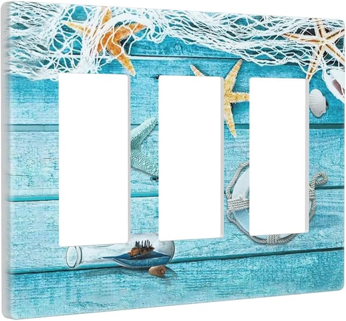 Turquoise Teal Fishing Net Wood Plank 3 Gang Triple Rocker/Decora Light Switch Wall Plate Cover Decorative Electrical Faceplate Switchplate for Bathroom Living Room Decor
