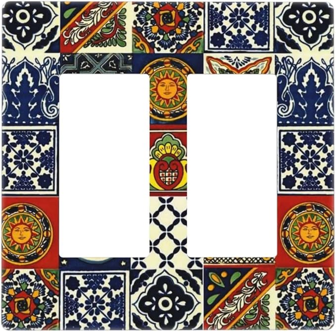 Mystic Aesthetic Blue/Red Boho Sun Moon Tile 2 Gang Double Decorator GFCI/Rocker Wall Plate Mexican Talavera Bohemian Tiles Electrical Outlet Decorative Receptacle Cover Light Switch for Dimmer, USB
