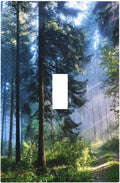 Nature Misty Forest Green Foggy Watercolor Woodland Pine Larch Tree Mountain 1 Gang Single Toggle One Device Mid Size Plug Socket Wall Plate Landscape Jungle Light Switch Plate Outlet Cover Dimmer