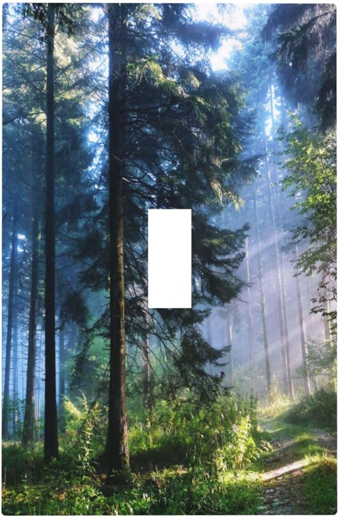 Nature Misty Forest Green Foggy Watercolor Woodland Pine Larch Tree Mountain 1 Gang Single Toggle One Device Mid Size Plug Socket Wall Plate Landscape Jungle Light Switch Plate Outlet Cover Dimmer