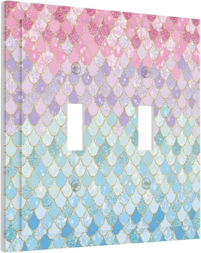 Colorful Mermaid Scales Double Toggle Light Switch Cover Decorative Blue 2 Gang Wall Plate Electrical Faceplate Switchplate for Girls Bedroom Kids Baby Nursery Living Room Decor