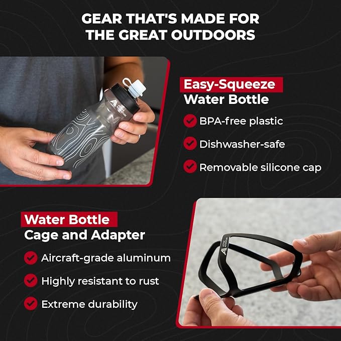 Bike Water Bottle Holder Combo - 20 Oz Squeeze Bottle & Bicycle Mount Cage Rack, No Screws Needed, Durable Alloy - Fits All Handlebar Bikes & MTB Mountain Road - for Adults, Kids (Black)