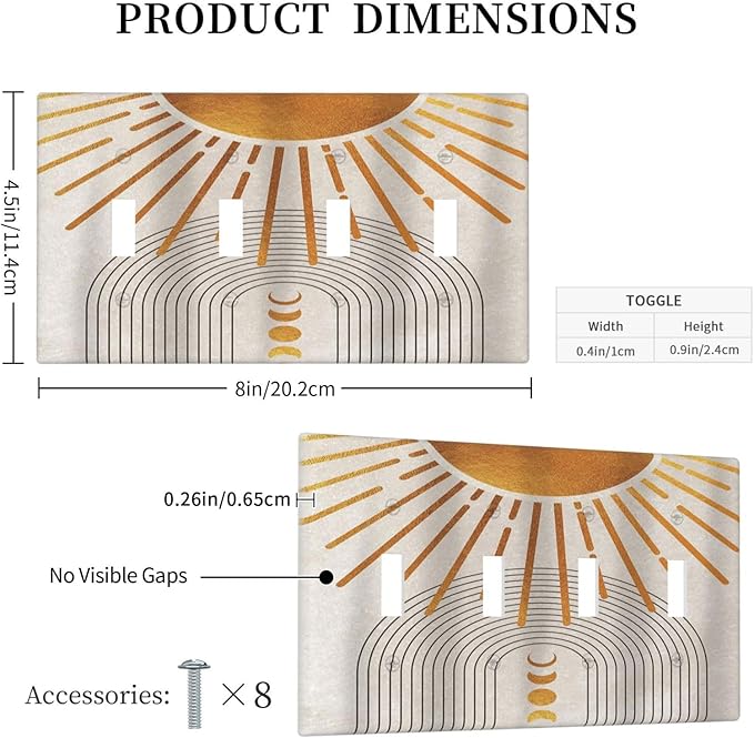 Mid Century Gold Sun Abstract Arch Boho Moon Quad Toggle Light Switch Covers Decorative Unique 4 Gang Wall Plate Electrical Faceplate Switchplate for Kitchen Bedroom Bathroom Decor