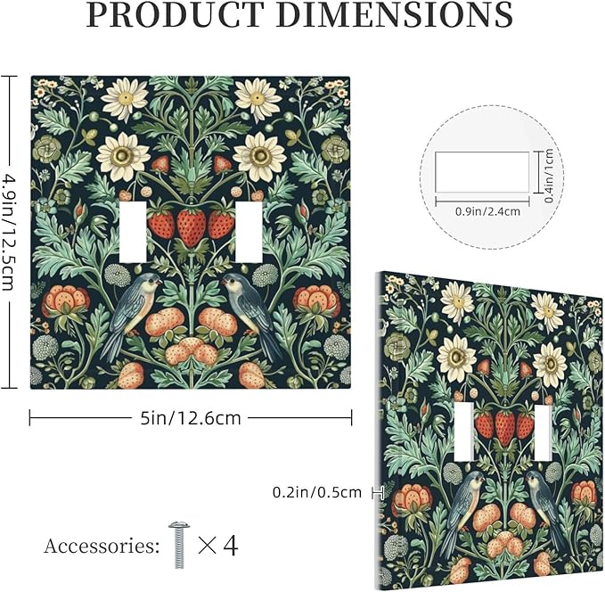 Light Switch Cover Plate Strawberry Birds Flowers Plant Morris Floral 2 Gang Double Toggle Decorative Switch Plates Wall Plates Electrical Faceplate for Bathroom Bedroom Decor