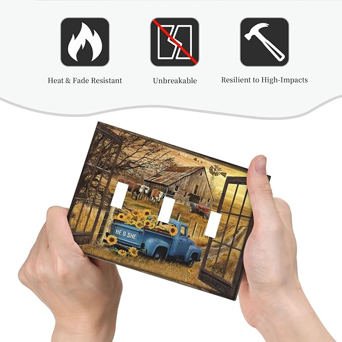 Fall Western Farmhouse Cow 3 Gang Light Switch Plate Decorative Barn door Blue Truck Triple Toggle Wall Plate Cover Electrical Faceplate for Bathroom Home Living Room Bedroom Art Panel Decor