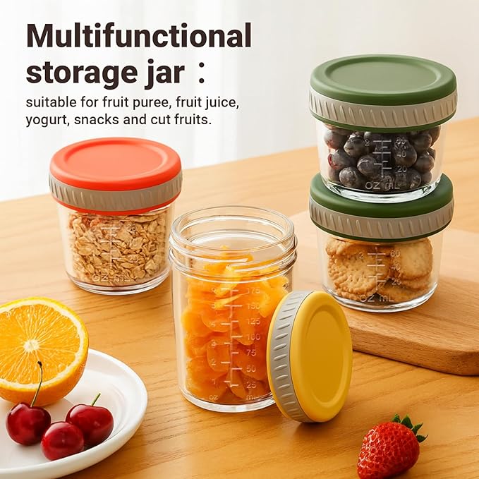 Sursip Glass Baby Food Storage Containers, 4 oz Small Mason Jars with Lids, Airtight for Baby Puree Containers, Juice, Milk, Yogurt, Overnight Oats, Mini Toddler Snack Cups - 8 Pack