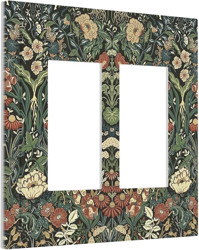 Decorative Outlet Covers Vintage Dark Floral William Morris Green Flower 2 Gang Double GFCI Rocker Electrical Wall Panels Light Switch Cover Plate for living Room Home Decor