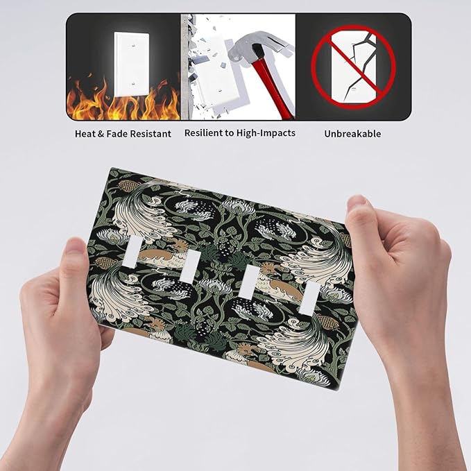 Light Switch Covers William Morris Vintage Floral Plants And Birds Quad Toggle 4 Gang Wall Plate Electrical Faceplate Decorative Switch Plates for Bedroom Home Decor