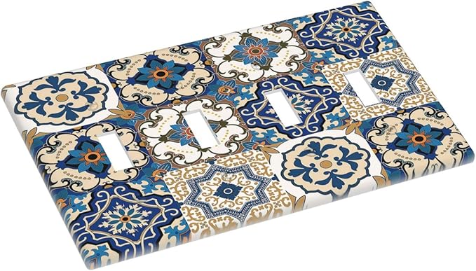 Light Switch Covers Mandala Decorative Tile Talavera Moroccan Tiles Quad Toggle 4 Gang Wall Plate Electrical Faceplate Decorative Switch Plates for Bedroom living Room Decor