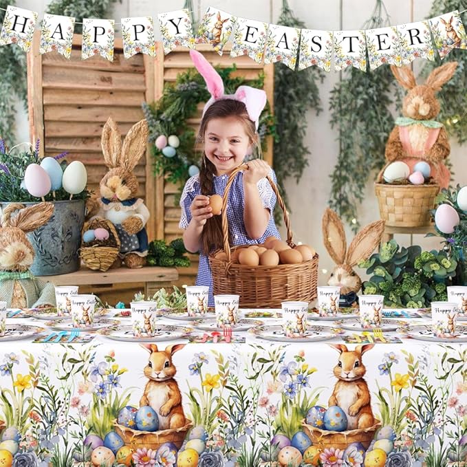 AIBIIN Easter Party Supplies, Happy Easter Party Tableware Set, Happy Easter Banner, Bunny Paper Plates Napkins Cups for Easter Spring Party Decorations