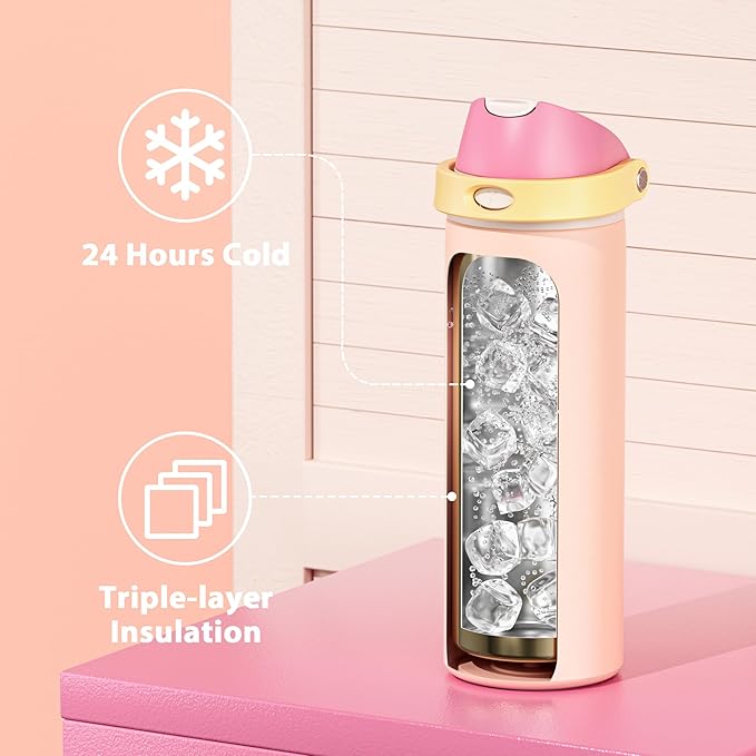 24 oz Insulated Water Bottle for Women: Meoky Stainless Steel Metal Water Bottle with 2-in-1 Straw and Spout Lid - Leak Proof, Cold for 24 Hours, Protective Silicone Base, BPA-Free for School, Coral