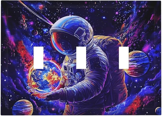 Astronaut Space Cool Galaxy Planet Decorative Switch Plates 3 Gang Wall Plate Triple Toggle Light Switch Cover Faceplate Electrical Wall Panels for Kids Room Nursery Decor