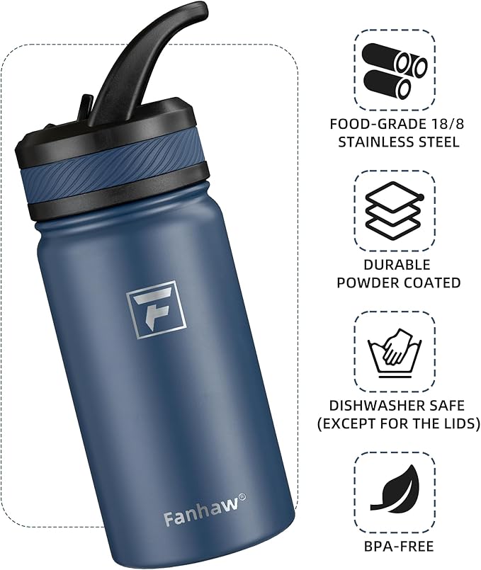 Fanhaw 14 Oz Kids Insulated Water Bottle with Straw Lid – Stainless Steel Double Wall Vacuum, Leak-Proof, BPA-Free Water Bottles for School Boys & Girls(Navy Blue)