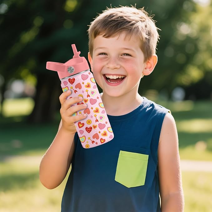 Heart Gifts for Kids - 16 Oz Kids Water Bottle with Straw Lid, Stainless Steel Insulated Tumbler, Leak Proof, BPA-Free, for Girls, School, Travel - Heart Pattern Children Birthday Gifts Cups(1pc)