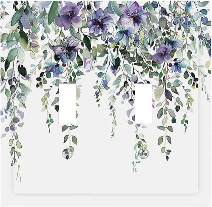 Light Switch Cover Plate Blue Purple Eucalyptus Leaves Boho Botanical 2 Gang Double Toggle Decorative Switch Plates Plug Cover Wall Plates Electrical Faceplate for Bathroom Home Decor